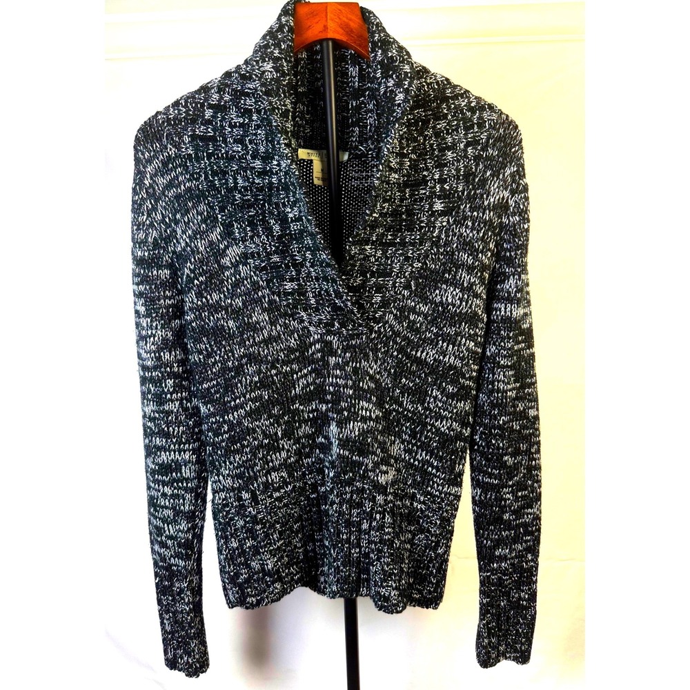 White House Black Market Women M Marled Metallic Silver Shawl Collar Sweater